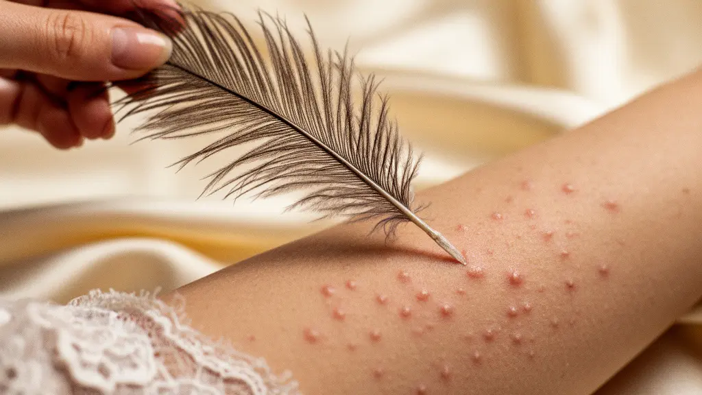 Gros plan sur une plume naturelle effleurant une surface de soie, évoquant le contraste sensoriel entre douceur et frisson