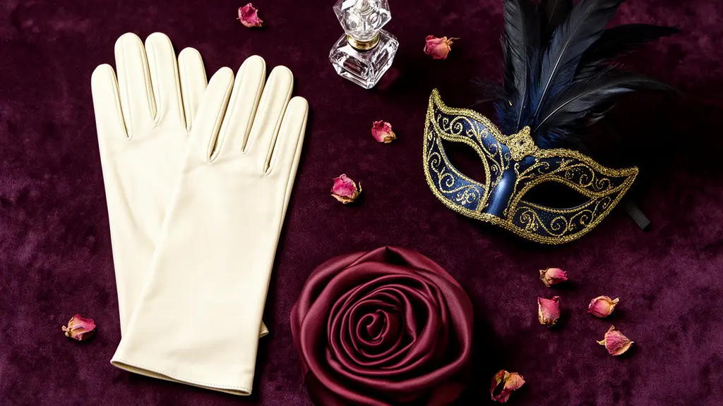 Vue en plongée d'accessoires élégants posés sur un plateau en velours sombre : gants d'opéra, masque vénitien et foulard en soie
