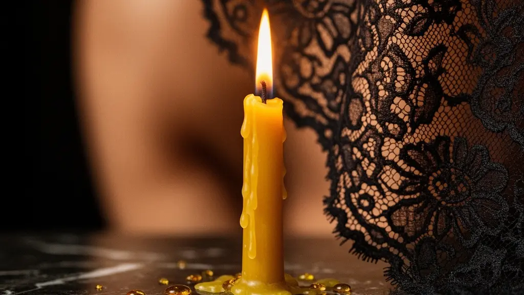 Gros plan sur une flamme de bougie créant des jeux d'ombre et de lumière sur un tissu de dentelle dans une ambiance tamisée