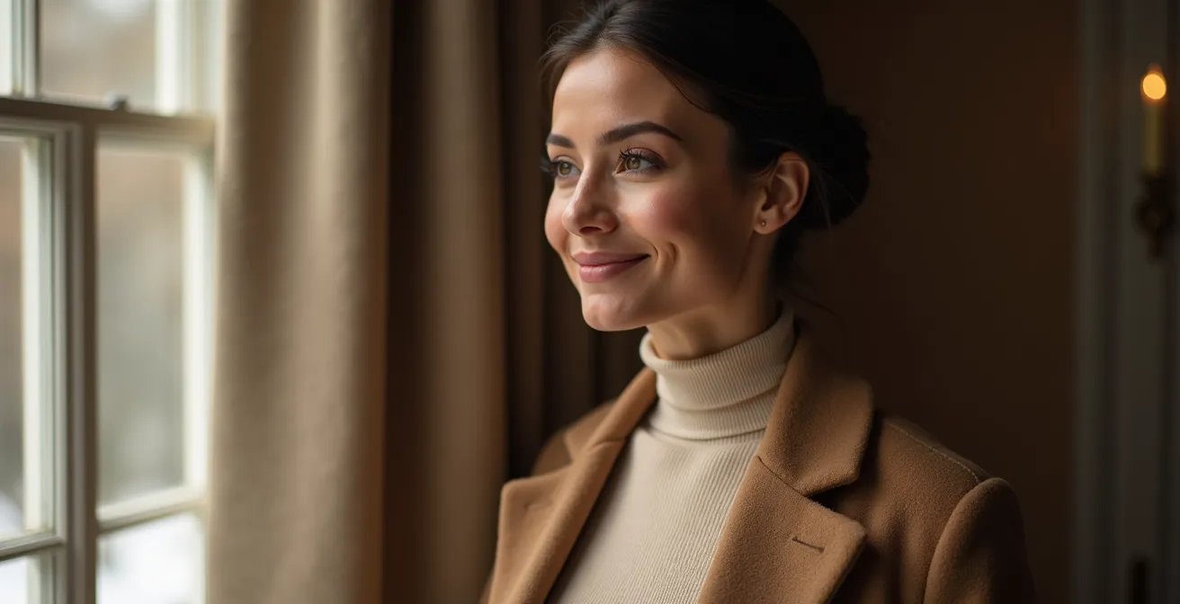 Silhouette élégante avec body col roulé et tenue hivernale structurée