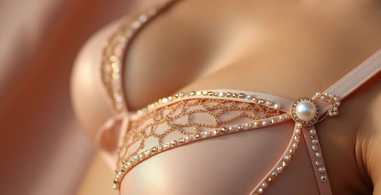 Détail macro d'une bretelle bijou artisanale avec perles et chaînettes dorées