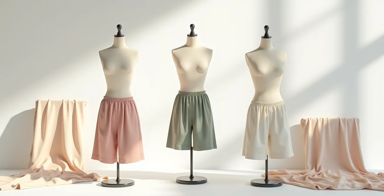 Comparaison visuelle de différentes coupes de shortys sur mannequins pour illustrer le confort.
