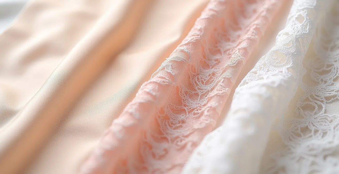 Gros plan sur différentes textures de lingerie nude et leurs effets sous tissu blanc