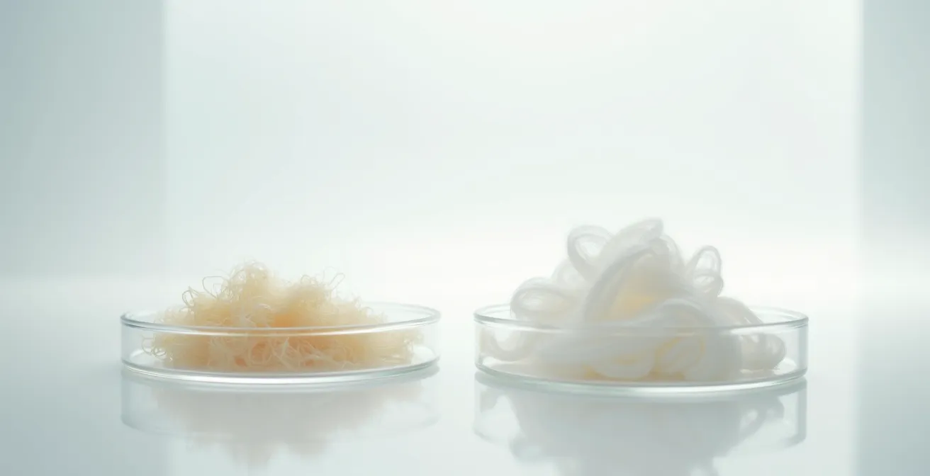 Vue microscopique comparative des fibres de soie naturelle et de polyester synthétique