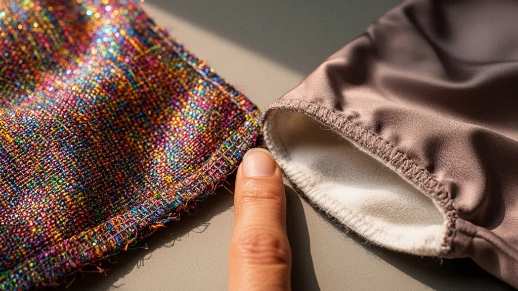 Gros plan macro comparant deux textures textiles côte à côte : polyester rugueux de costume de fête et satin soyeux de lingerie de qualité