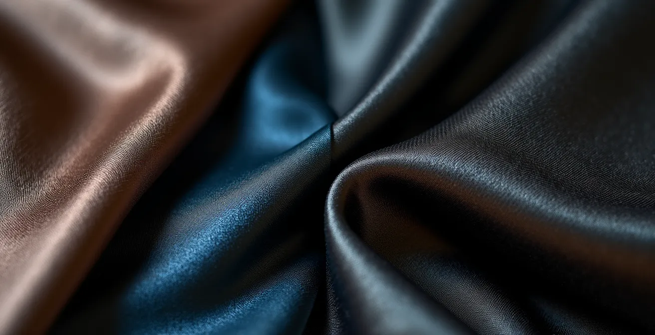 Comparaison visuelle entre satin de soie de qualité et satin synthétique sous différents éclairages