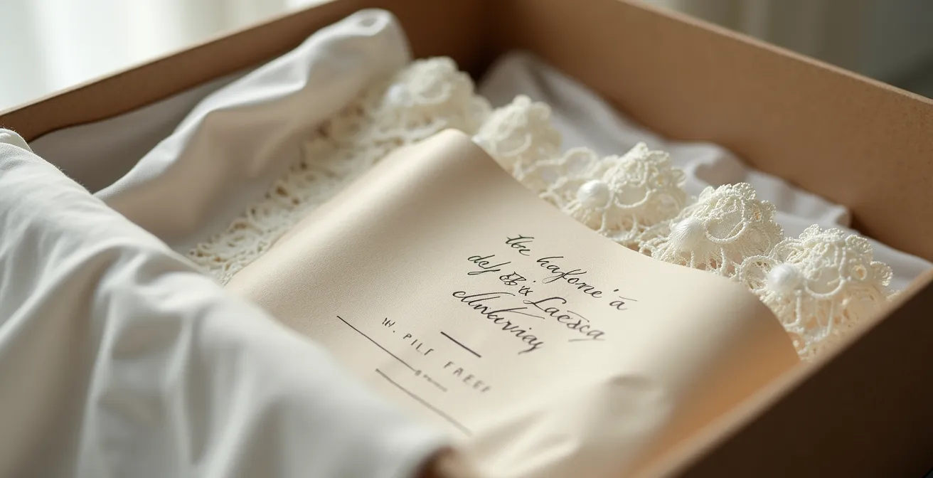 Ambiance minimaliste montrant une boîte d'archivage ouverte avec papier de soie sans acide et dentelle précieusement pliée