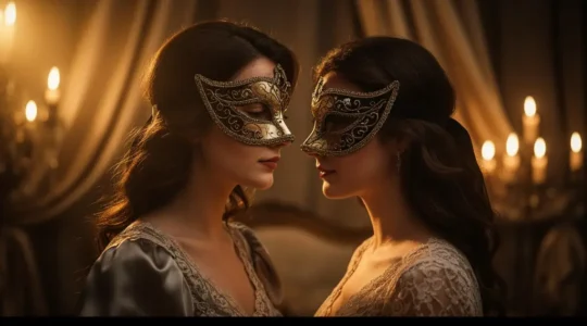Couple élégant portant des masques vénitiens dans une ambiance intimiste et tamisée