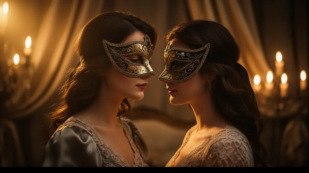 Couple élégant portant des masques vénitiens dans une ambiance intimiste et tamisée