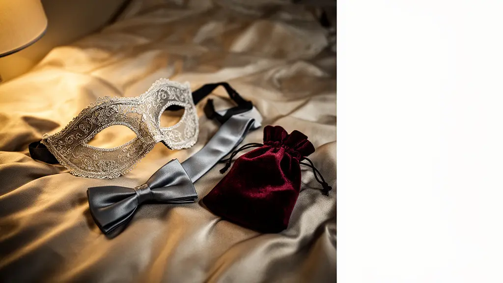 Accessoires de séduction disposés avec élégance sur un tissu satiné dans une lumière tamisée évoquant la complicité de couple