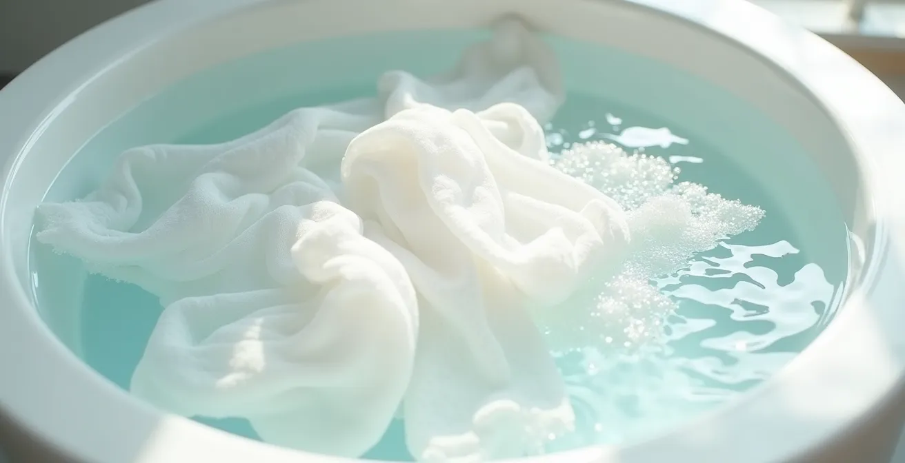 Dentelle blanche immergée dans un bain ravivant avec bulles délicates