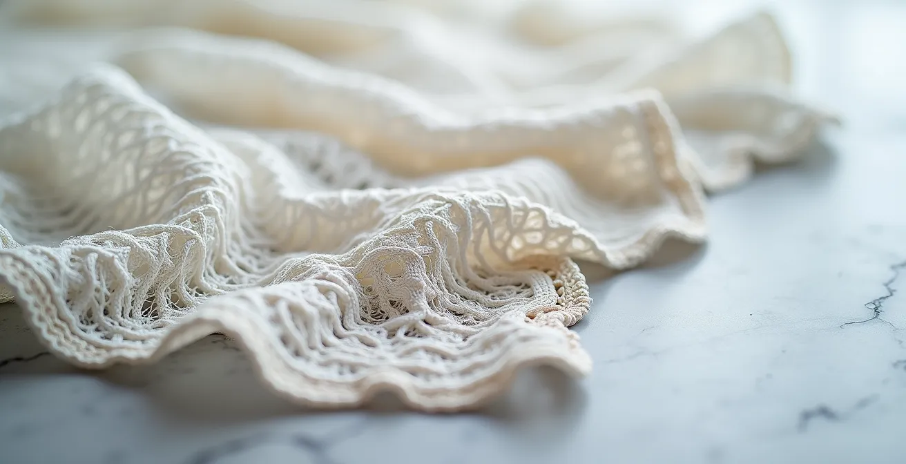 Gros plan détaillé sur une dentelle de qualité montrant la structure du réseau et des motifs