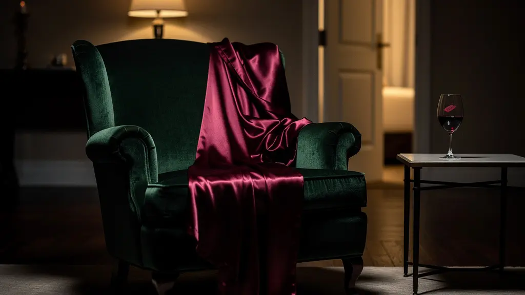 Déshabillé en soie drapé sur un fauteuil vintage dans un salon tamisé