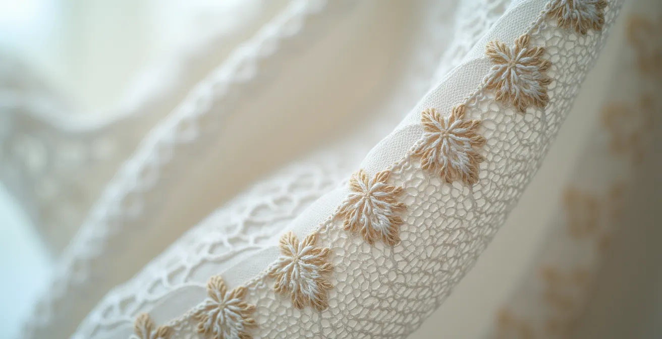 Gros plan macro sur la bordure festonnée d'une dentelle Leavers montrant le point de picot caractéristique