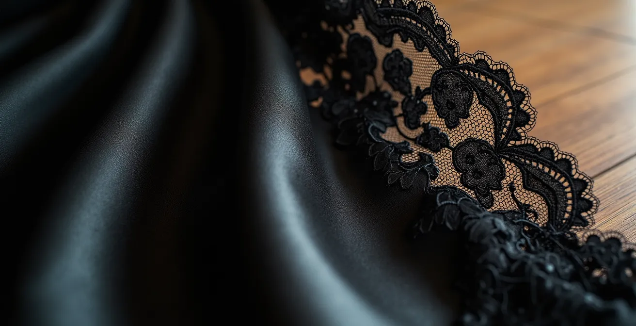Détail macro de la texture d'une dentelle fine et d'une soie lisse, symbolisant le contraste entre force et féminité.