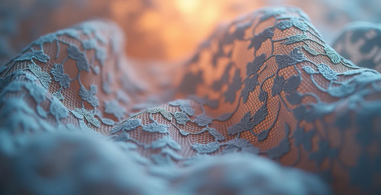 Vue macro sur la texture délicate d'une dentelle de shorty avec jeu de lumière