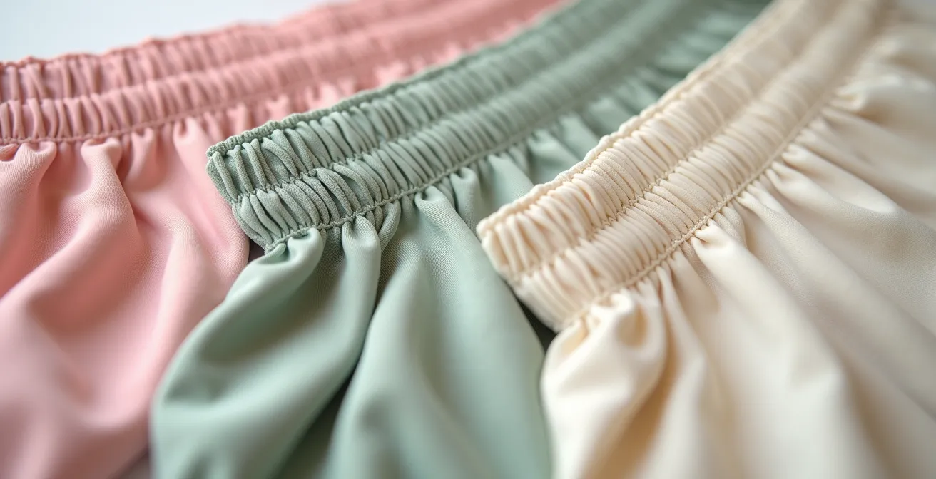 Vue macro de différents systèmes de taille pour pyjamas shorts, montrant un bandeau smocké et un cordon plat.