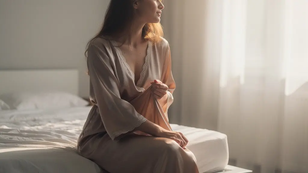 Femme élégante portant une nuisette en soie dans une chambre lumineuse et apaisante