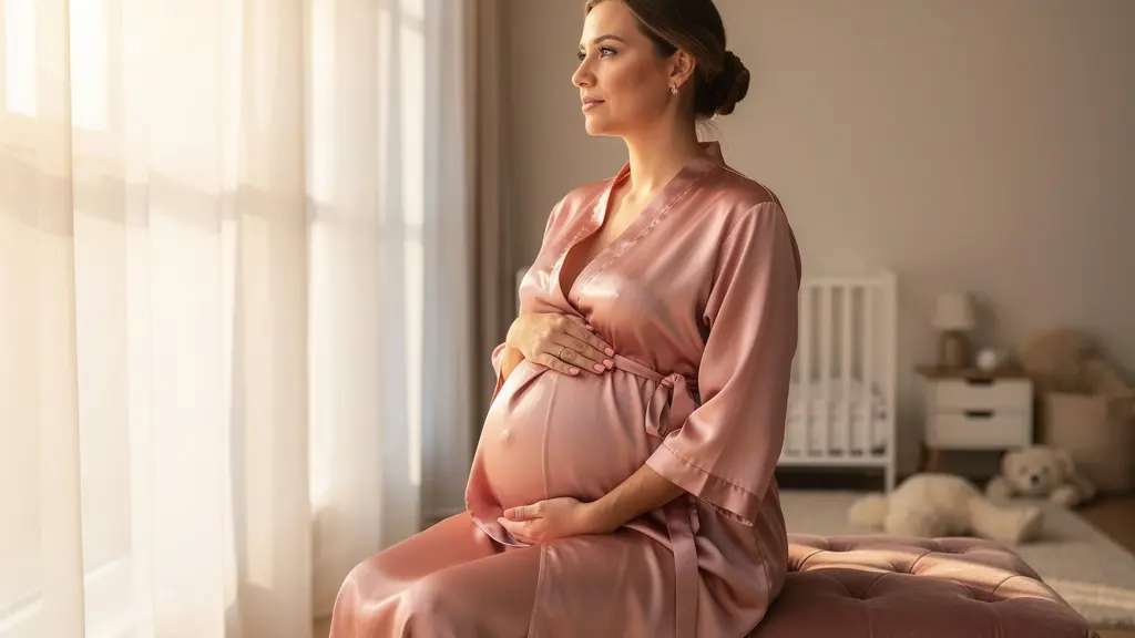 Femme enceinte en déshabillé fluide dans une lumière douce et naturelle
