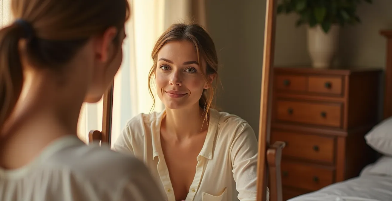 Femme devant son miroir le matin dans une lumière douce naturelle, se préparant avec détermination.