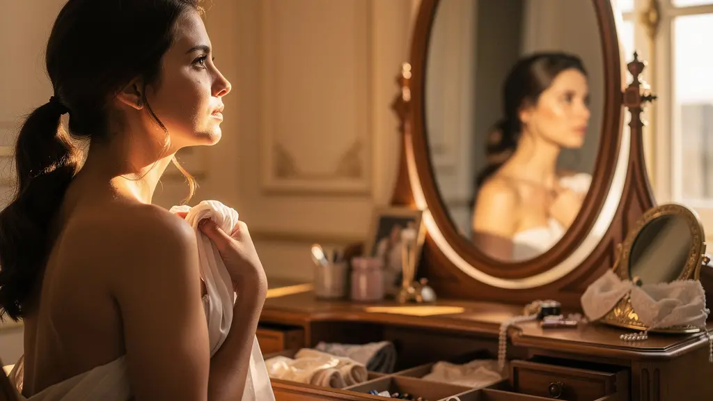 Femme observant sa silhouette dans un miroir avec expression confiante