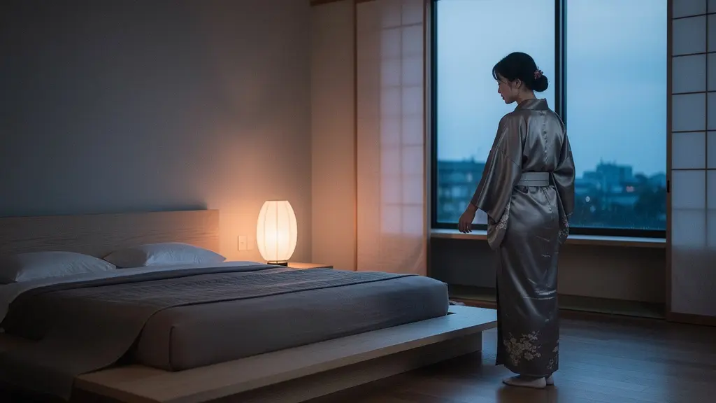 Femme en kimono de soie dans un rituel de préparation au sommeil