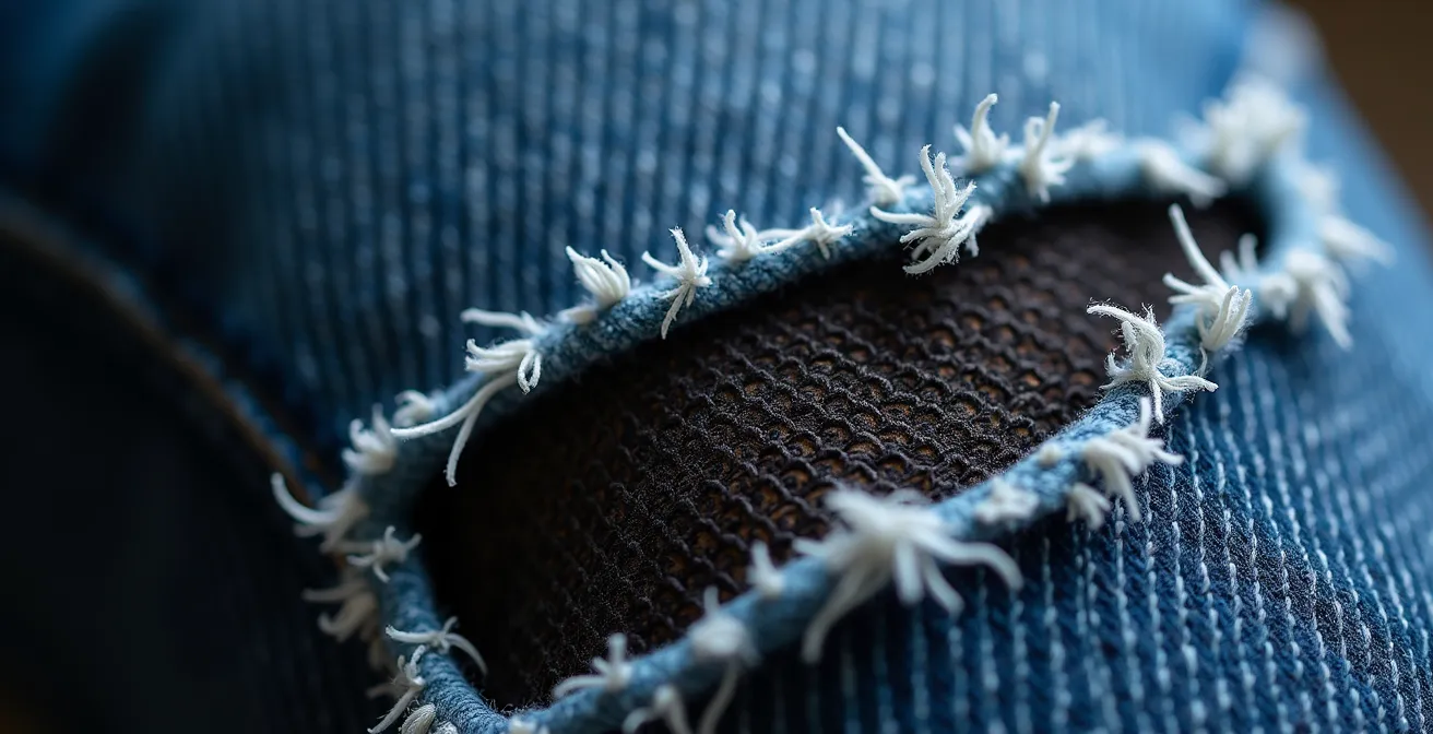 Détail de jambe montrant la résille fine visible à travers les déchirures d'un jean