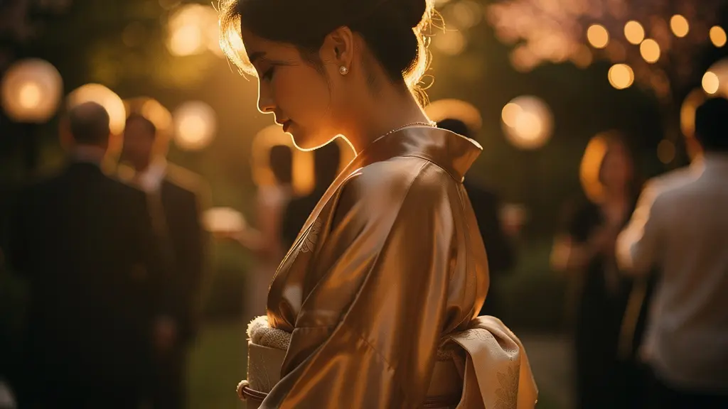 Kimono en satin porté lors d'une soirée d'été avec effet de lumière