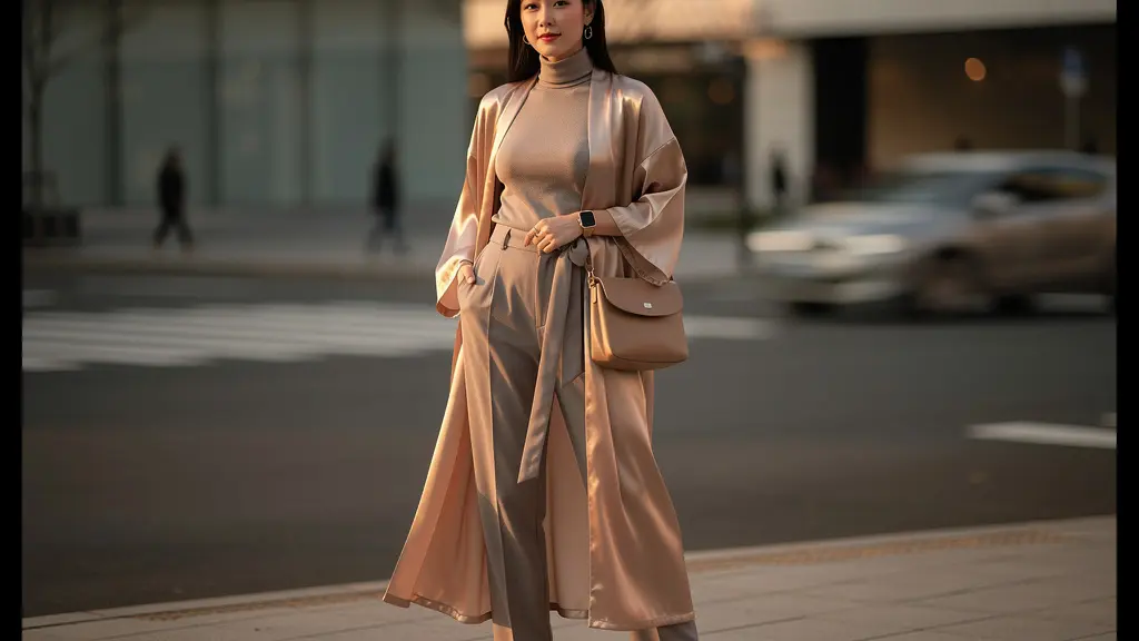 Femme portant un kimono d'intérieur transformé en pièce de mode urbaine dans la rue