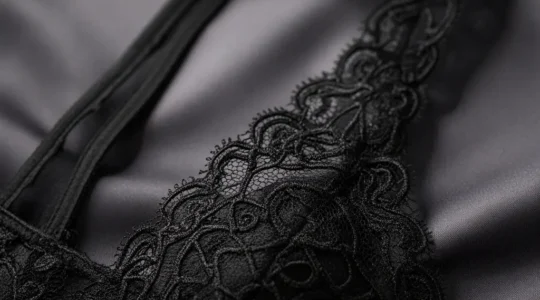 Détails élégants de lingerie dentelle noire avec bretelles larges, ambiance féminine et sophistiquée