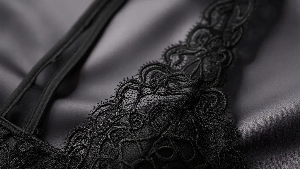 Détails élégants de lingerie dentelle noire avec bretelles larges, ambiance féminine et sophistiquée