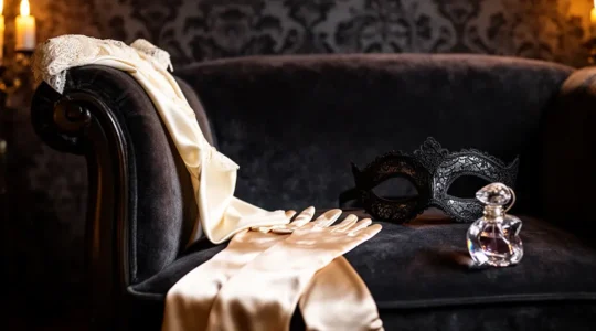 Scène de boudoir élégant avec lingerie fine en soie posée sur un fauteuil baroque, éclairée par une lumière tamisée dorée