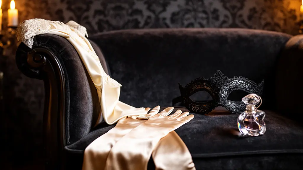 Scène de boudoir élégant avec lingerie fine en soie posée sur un fauteuil baroque, éclairée par une lumière tamisée dorée