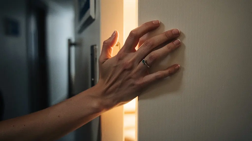 Silhouette d'une personne hésitant derrière une porte entrouverte dans une lumière chaude tamisée évoquant la vulnérabilité avant une révélation intime