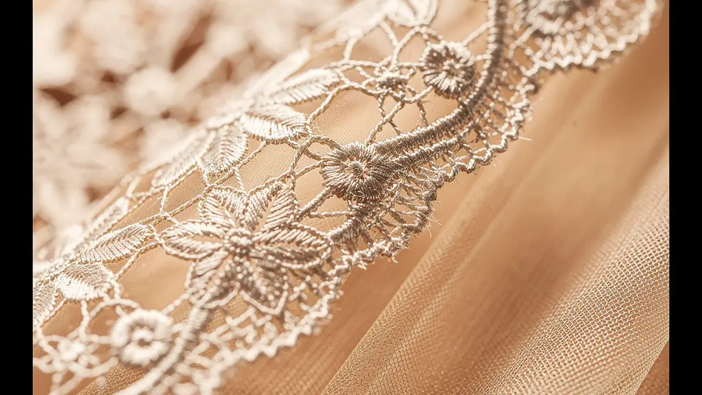 Détail de dentelle florale sur tissu transparent jouant avec la lumière naturelle