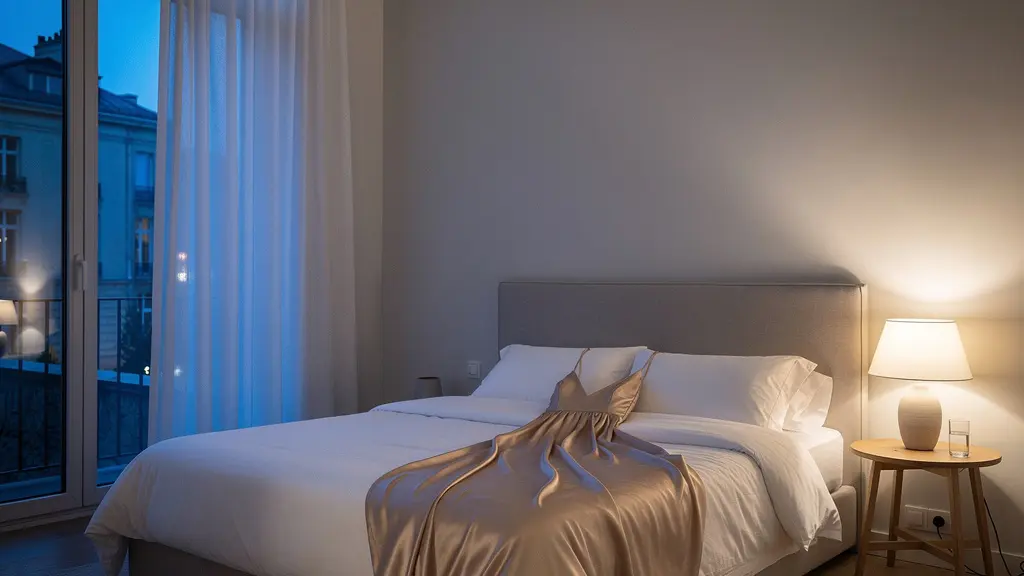 Nuisette fluide posée délicatement sur un lit dans une ambiance nocturne apaisante
