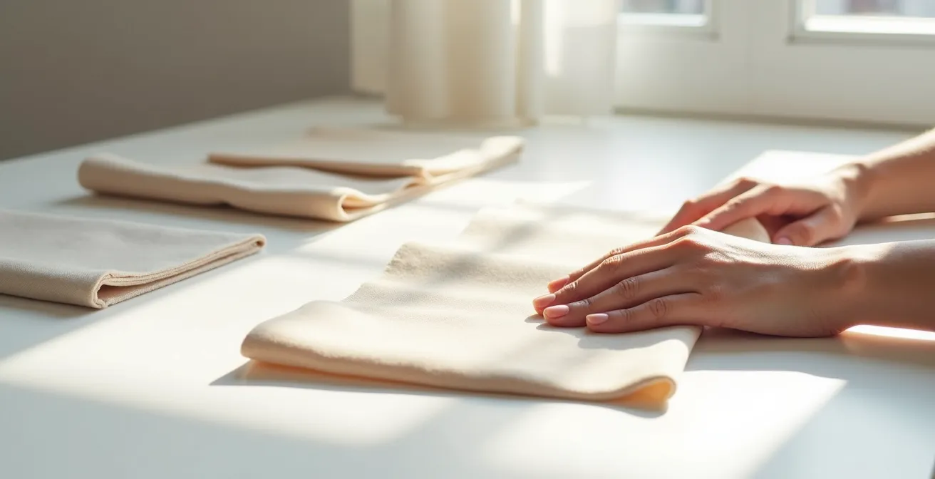 Main touchant délicatement différents échantillons de tissus satinés pour tester leur douceur