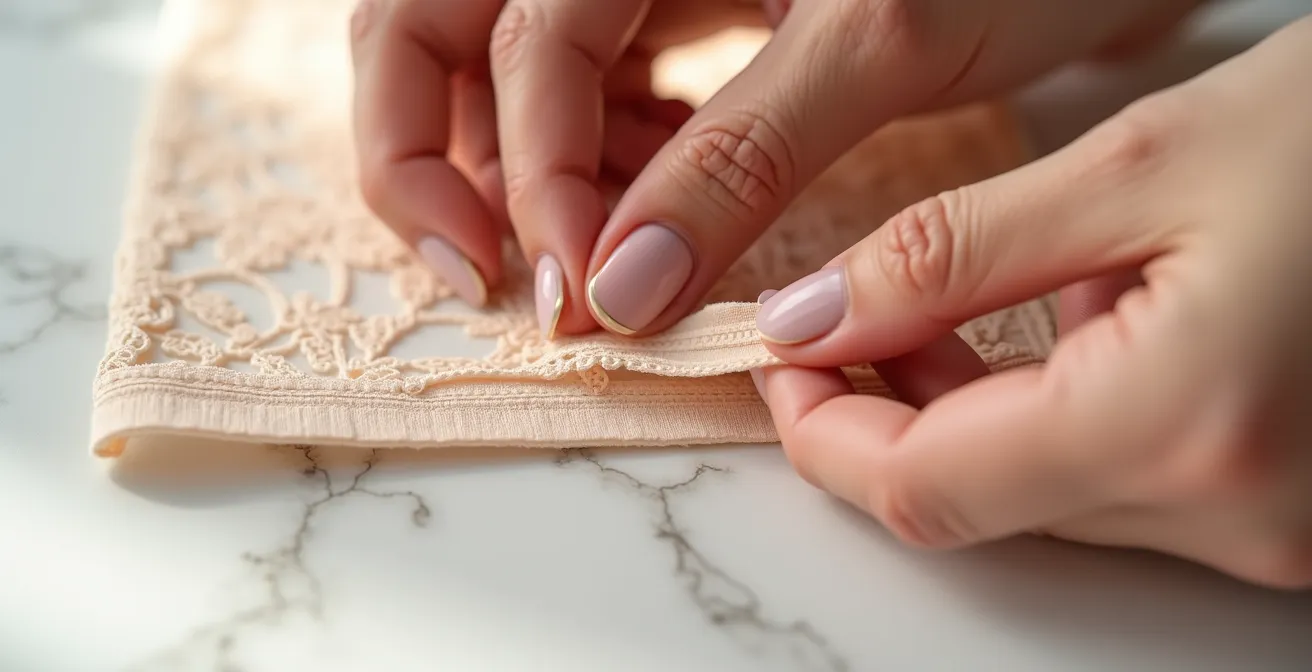 Gros plan sur des mains féminines appliquant délicatement un patch de moleskine sur une armature de soutien-gorge