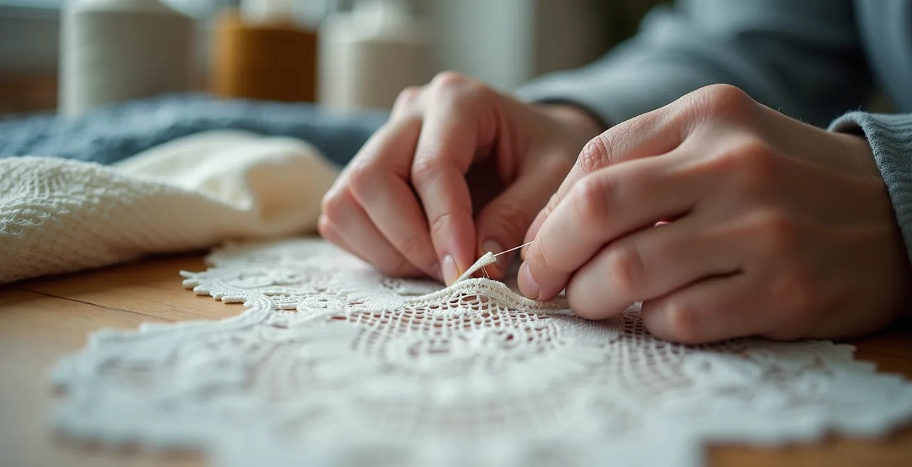 Mains expertes réparant délicatement une dentelle avec fil de soie et aiguille fine