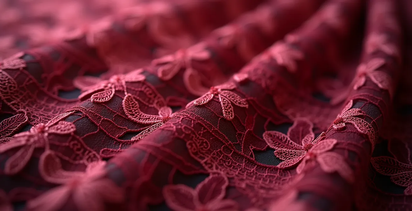 Texture de dentelle rouge bordeaux en gros plan avec jeux de lumière