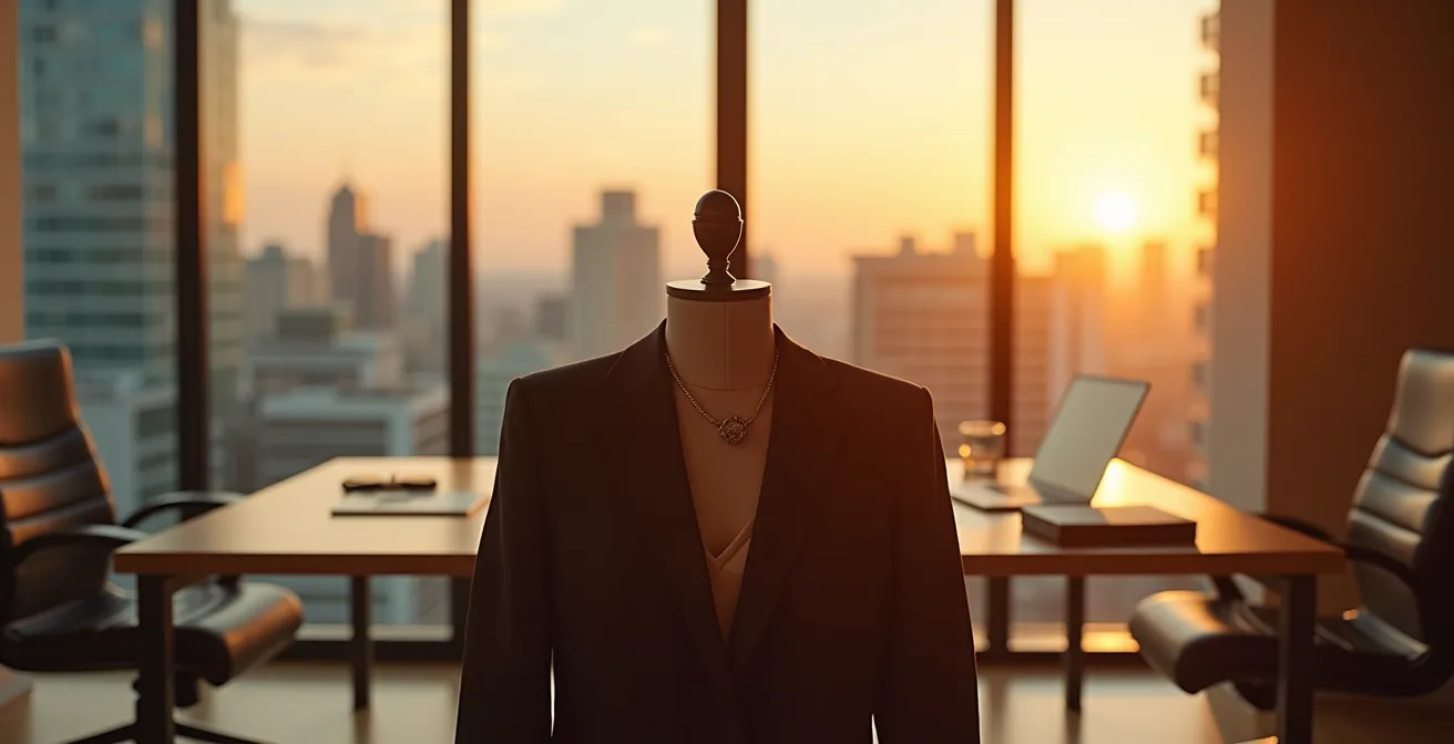 Vue en plan large d'un espace bureau moderne avec veste de tailleur posée sur chaise révélant un caraco satiné