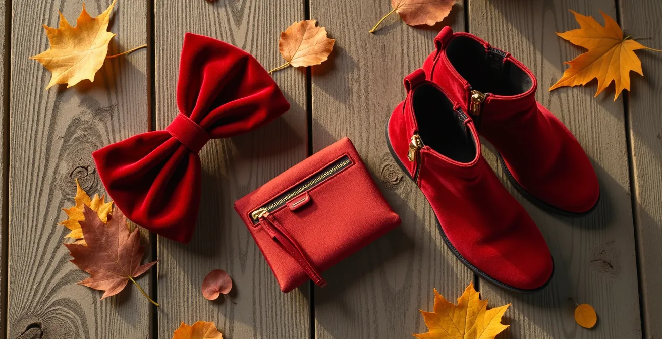 Nature morte automnale avec accessoires en velours sur fond de feuilles dorées