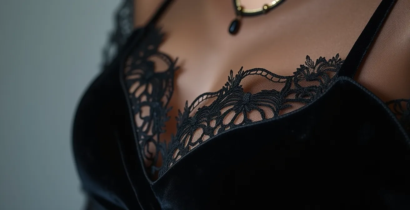 Détail d'une tenue associant velours noir et dentelle fine sur les épaules