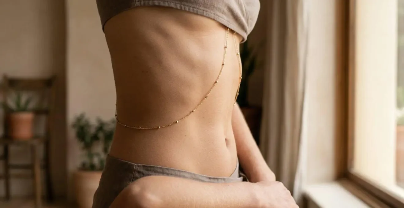 Chaîne de taille délicate portée avec élégance dans une atmosphère intime et raffinée