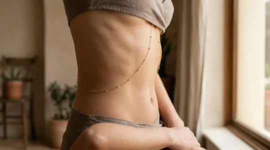 Chaîne de taille délicate portée avec élégance dans une atmosphère intime et raffinée