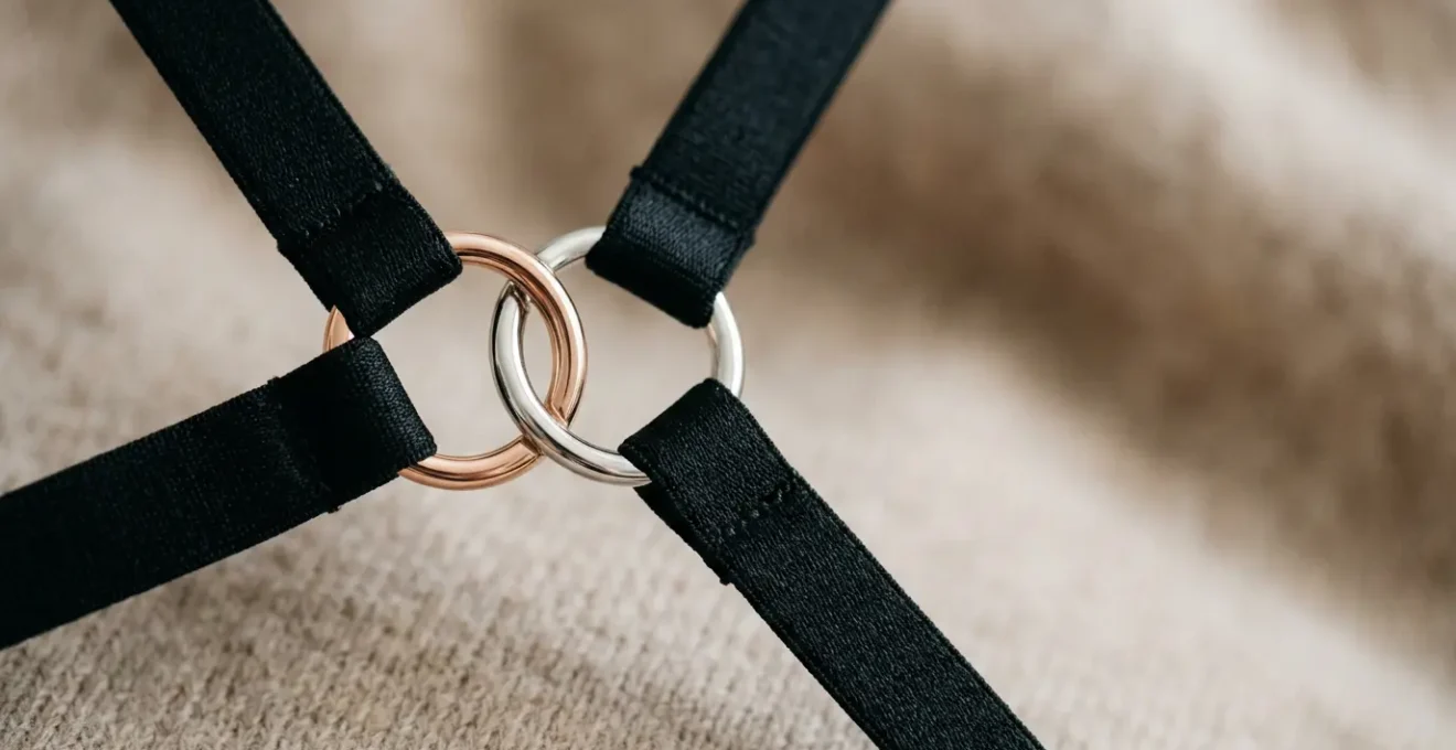 Lingerie moderne avec anneaux métalliques et lanières croisées sur fond minimaliste