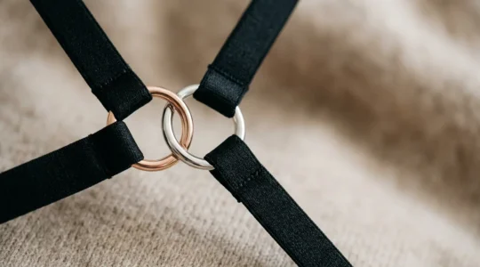 Lingerie moderne avec anneaux métalliques et lanières croisées sur fond minimaliste