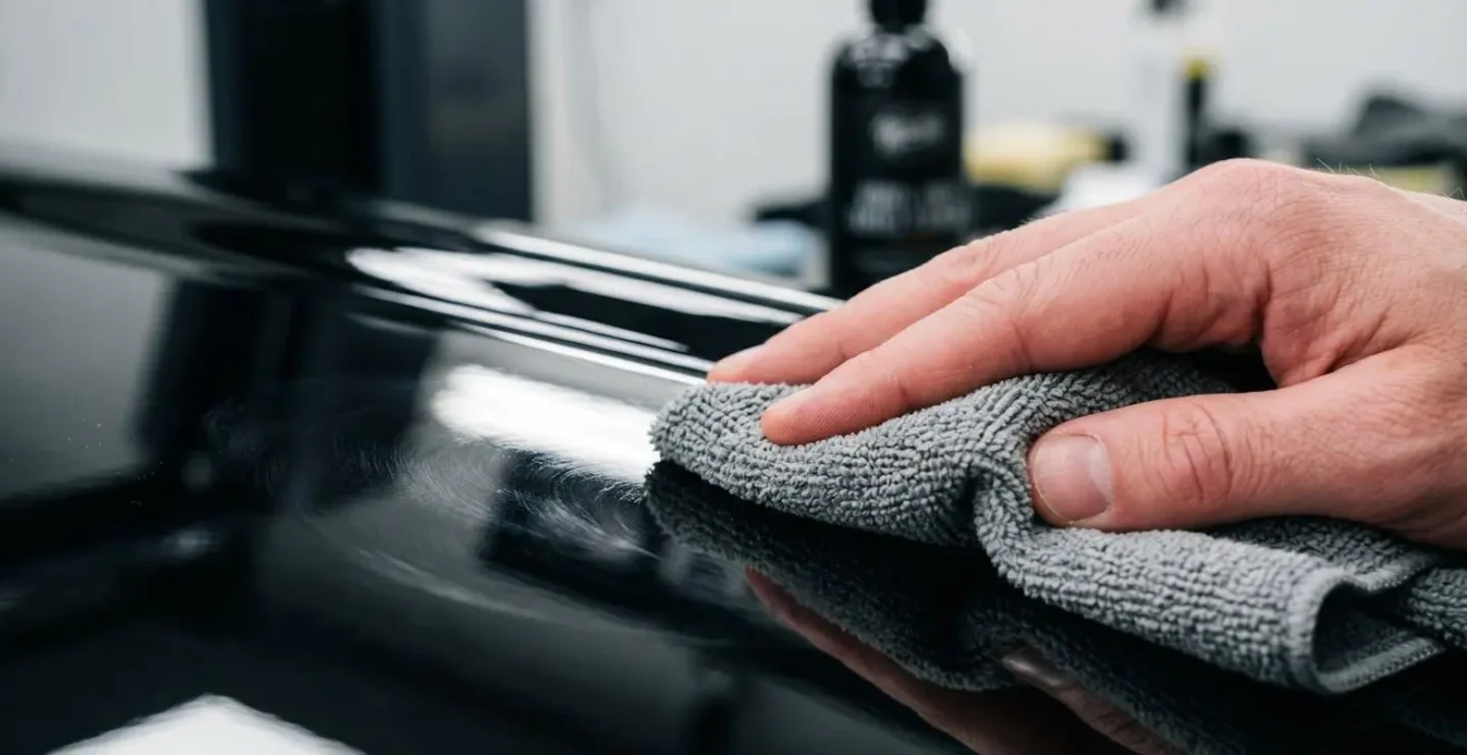 Gros plan sur une main appliquant délicatement un produit lustrant sur du vinyle noir brillant avec un chiffon microfibre