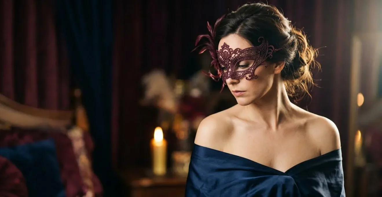 Personne portant un masque de dentelle élégant dans une ambiance feutrée et mystérieuse