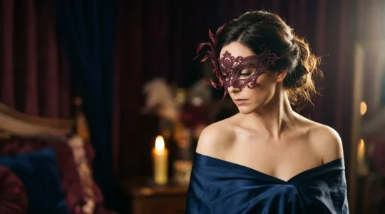 Personne portant un masque de dentelle élégant dans une ambiance feutrée et mystérieuse